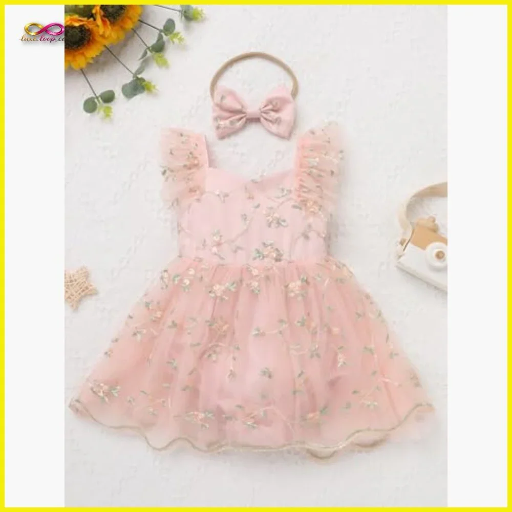 Floral Lace Tulle Romper Tutu Dress Headband Set Boho Princess Birthday Outfit - Picture 3 of 7